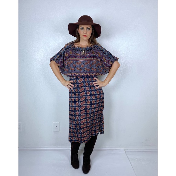 vintage 70s Wide Sleeve FLORAL PRINT Boho DRESS Small peasant dolman sleeve midi - Picture 2 of 10